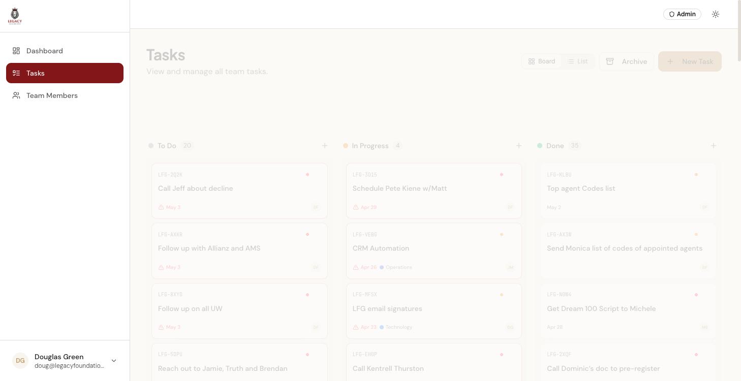 LFG Task Manager Kanban board with To Do, In Progress, and Done columns
